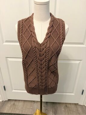 Varley Brown Cable Knit V-Neck Sweater Vest - Sz XS